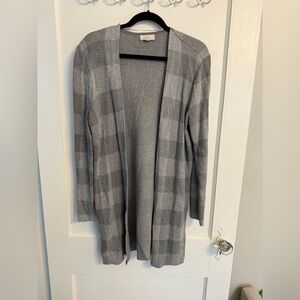LOFT Gray Cardigan Sweater with Plaid Design